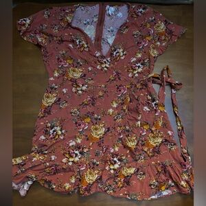 Xhilaration Floral Wrap Mini Dress - Rust and Yellow